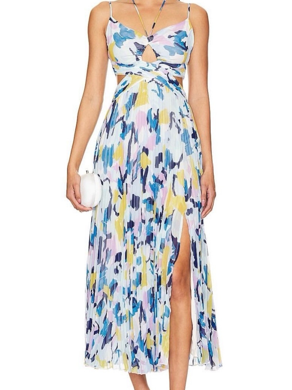 REVOLVE Multicolor Floral Pleated Maxi Dress (Blue, Yellow, Pink)